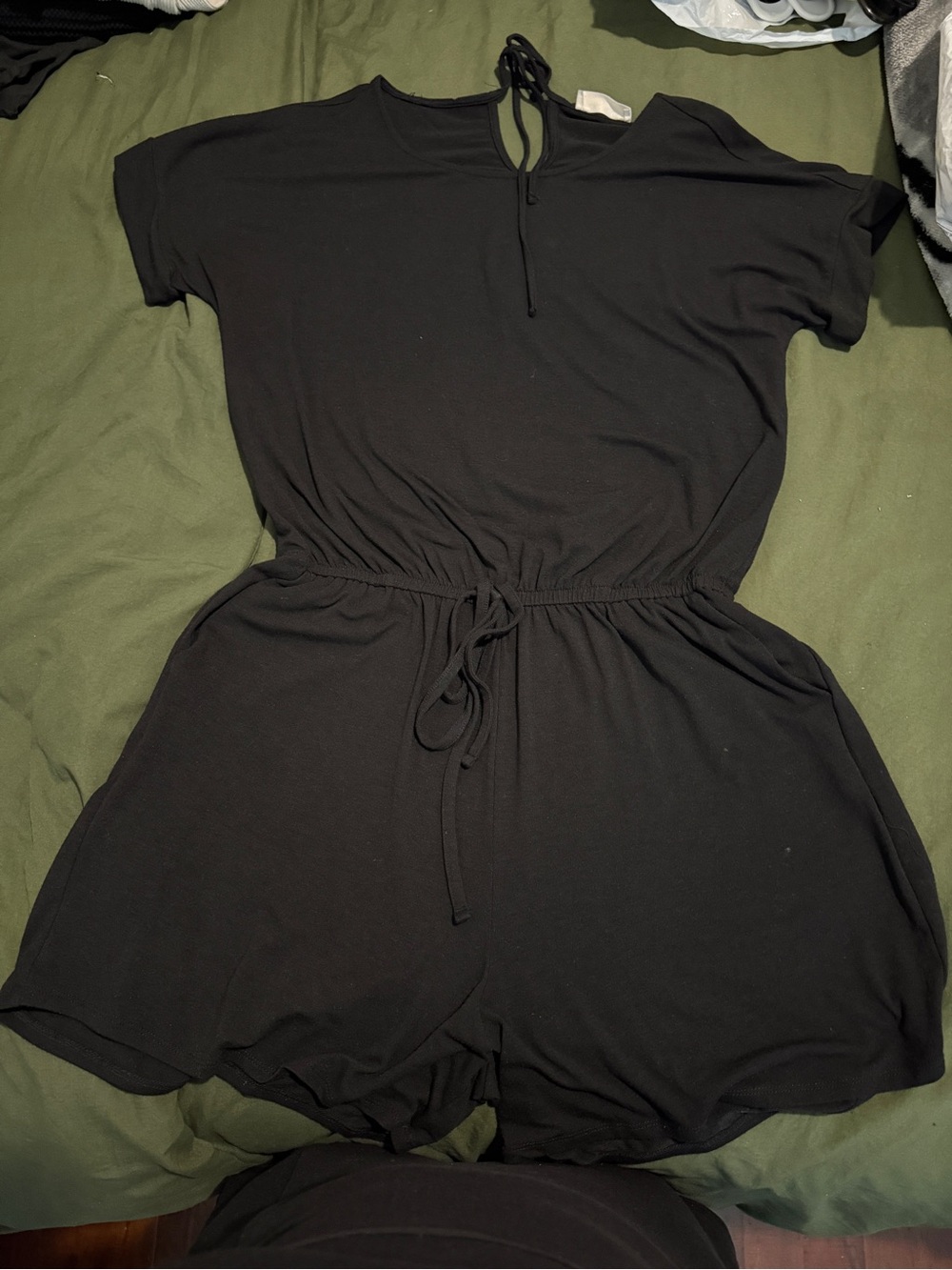 Zenana Outfitters Black Short Sleeve Drawstring Romper